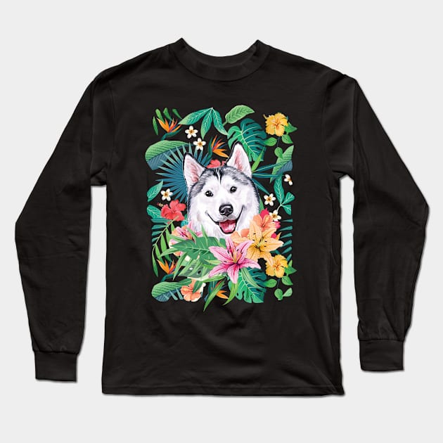 Tropical Siberian Husky 7 Long Sleeve T-Shirt by LulululuPainting